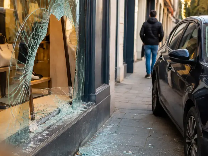 Vitrine brisee et voiture garee sur le trottoir
