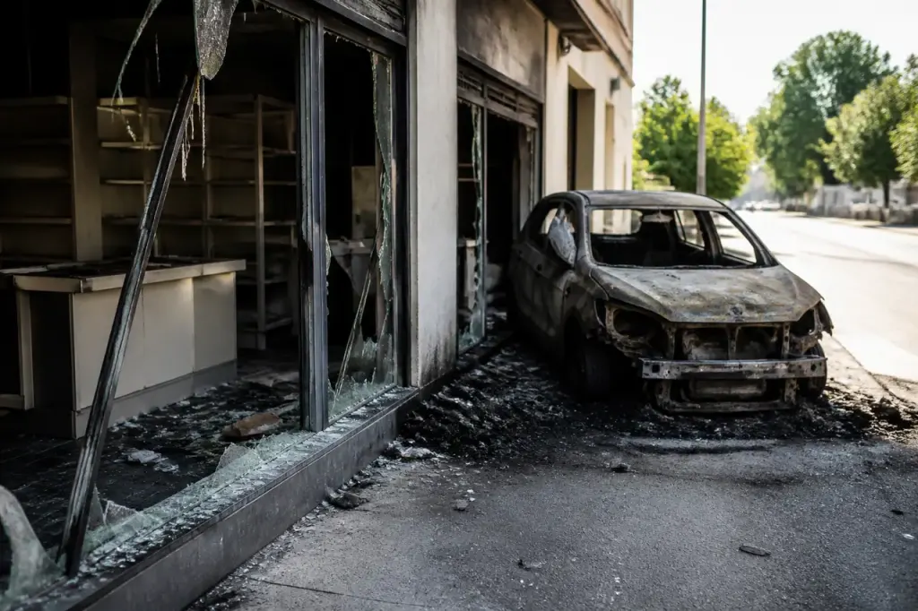 Vitrines brisees et voiture incendiee devant magasin ferme