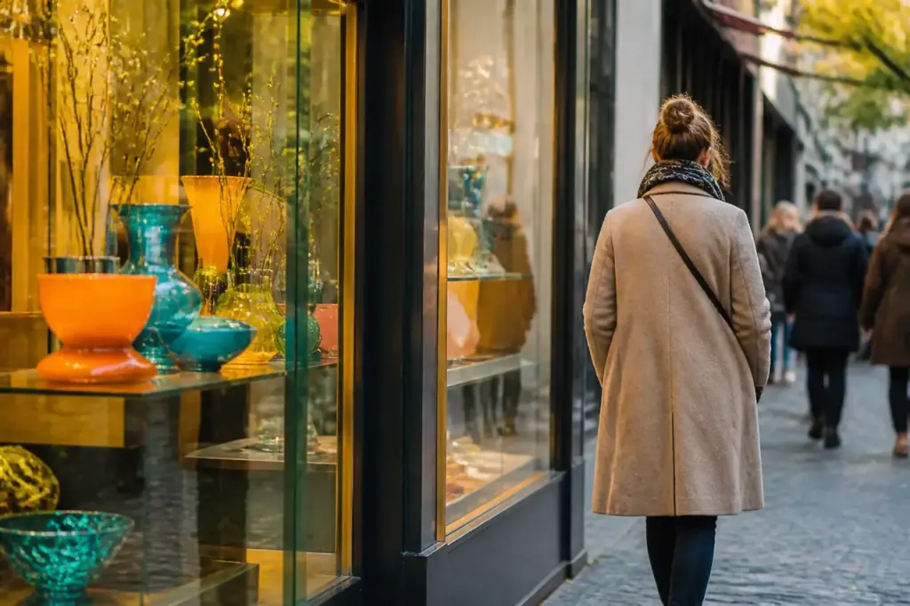 Vitrines colorees et passants dans une rue commercante