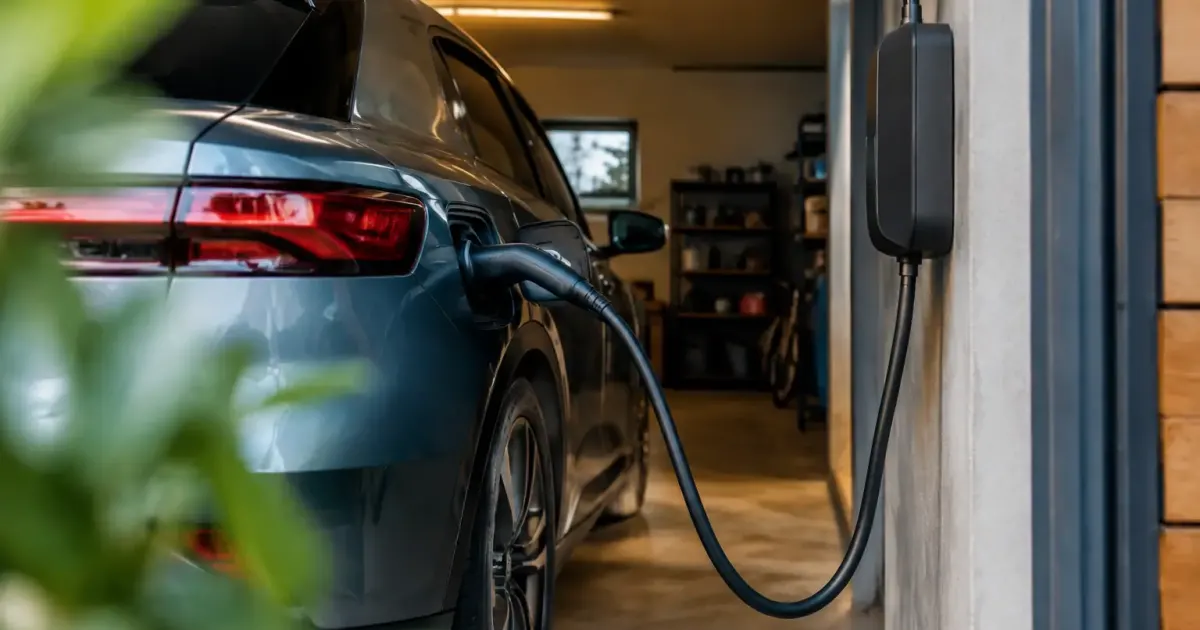 Voiture electrique branchee sur un mur de garage