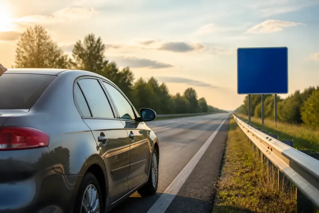 Voiture grise sur autoroute pres du panneau bleu