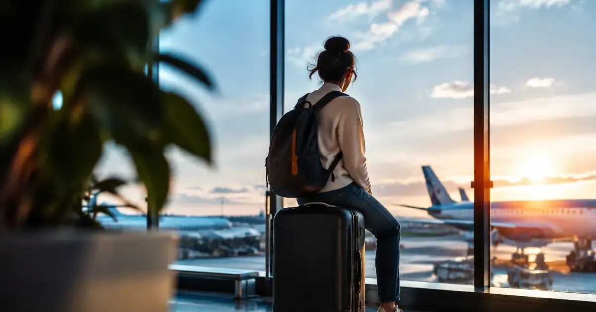 Voyageur assis sur sa valise devant un panneau lumineux