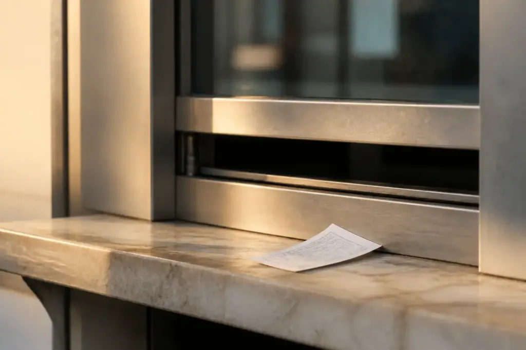 Voyageur tenant un billet papier devant un guichet ferme