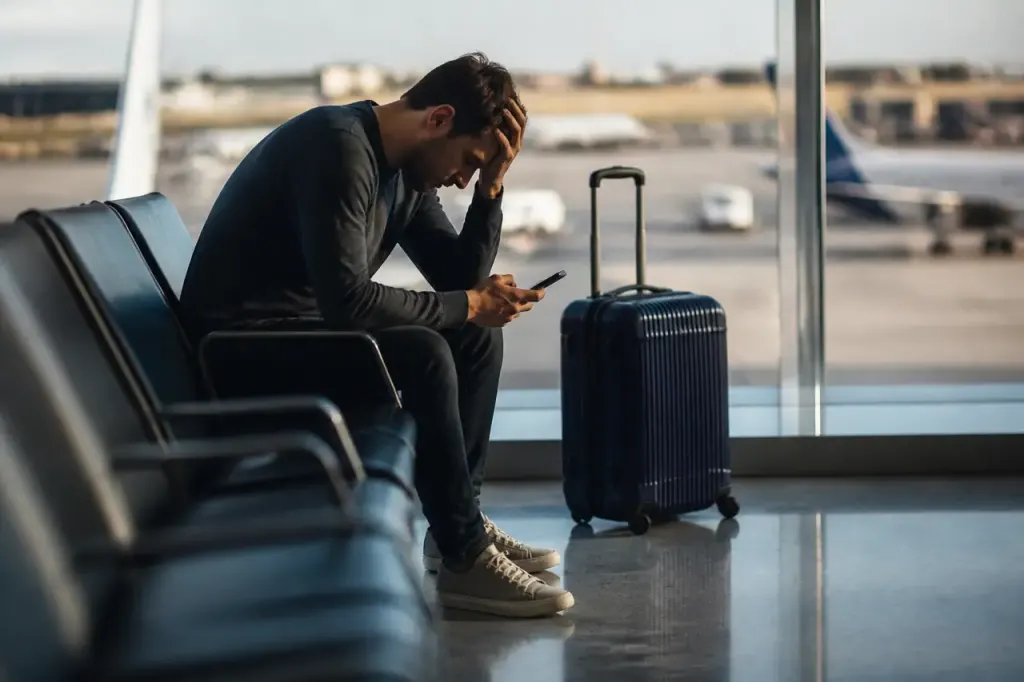 Voyageur fatigue regardant son telephone pres de sa valise